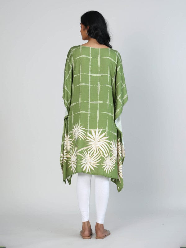 Green Viscose Knee-Length Kaftan with Floral & Checkered Print and 3/4th Sleeves – Breezy Everyday Fusion Wear
