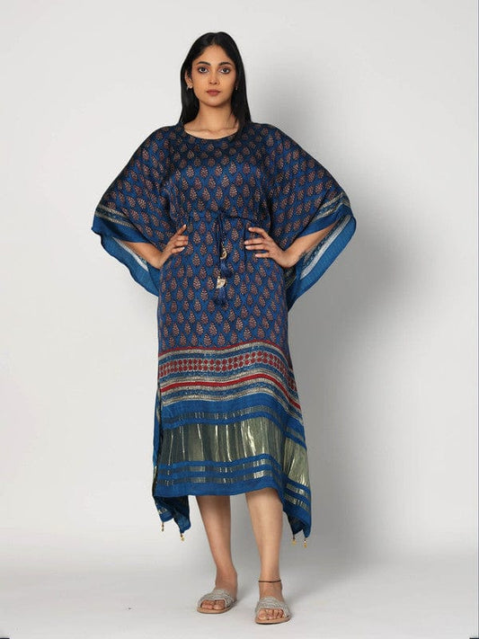 Indigo Modal Silk Calf-Length Kaftan with All-Over Print & 3/4th Sleeves – Elegant Ethnic Fusion Wear for Women