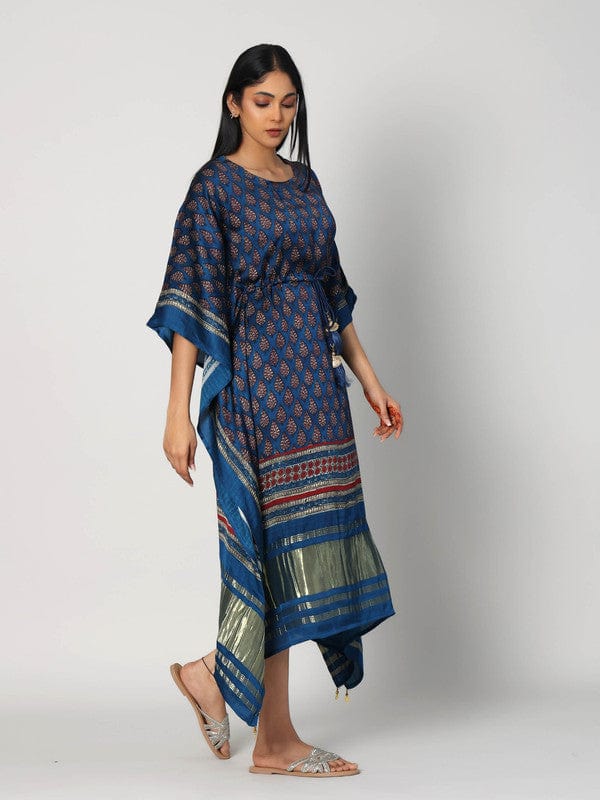 Indigo Modal Silk Calf-Length Kaftan with All-Over Print & 3/4th Sleeves – Elegant Ethnic Fusion Wear for Women