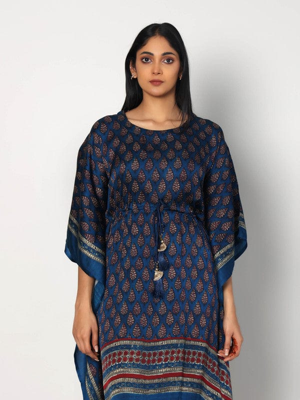 Indigo Modal Silk Calf-Length Kaftan with All-Over Print & 3/4th Sleeves – Elegant Ethnic Fusion Wear for Women