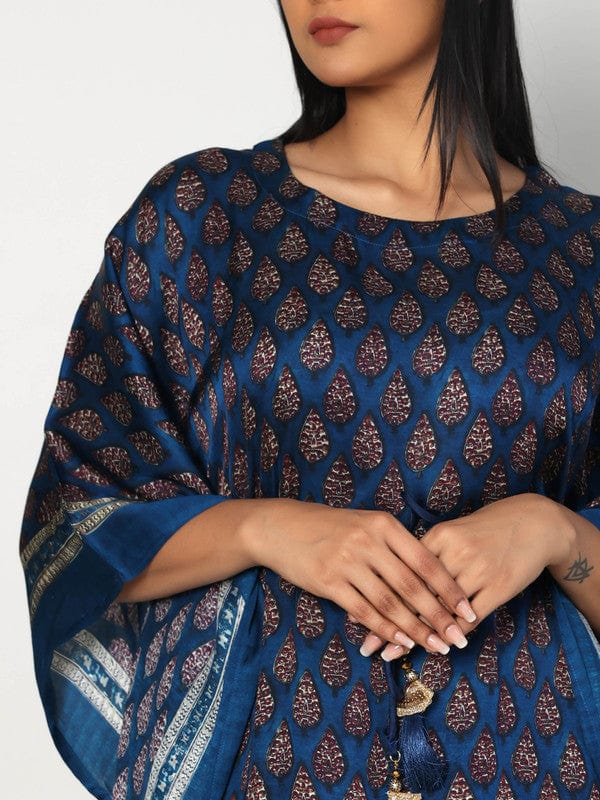 Indigo Modal Silk Calf-Length Kaftan with All-Over Print & 3/4th Sleeves – Elegant Ethnic Fusion Wear for Women