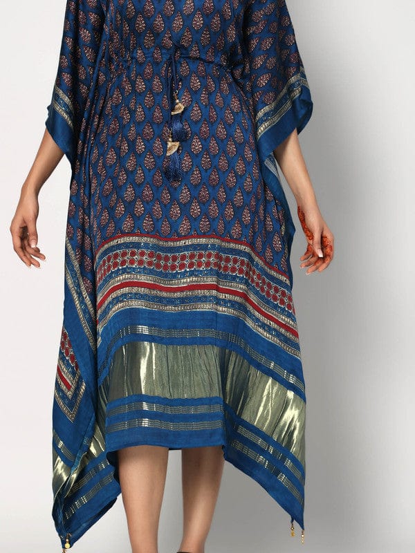 Indigo Modal Silk Calf-Length Kaftan with All-Over Print & 3/4th Sleeves – Elegant Ethnic Fusion Wear for Women