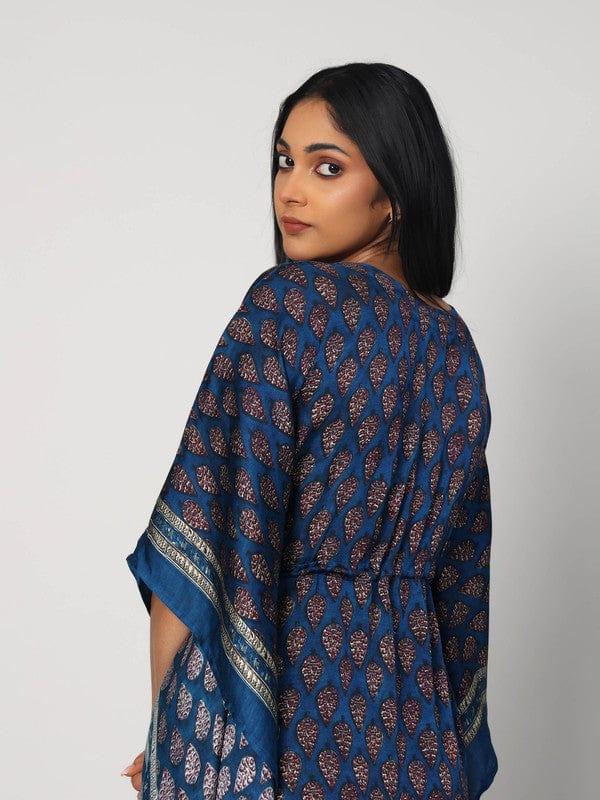 Indigo Modal Silk Calf-Length Kaftan with All-Over Print & 3/4th Sleeves – Elegant Ethnic Fusion Wear for Women