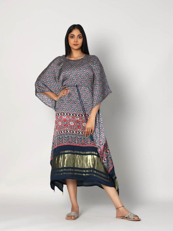 Navy Modal Silk Calf-Length Kaftan with All-Over Print & 3/4th Sleeves – Elegant Resort & Fusion Wear for Women