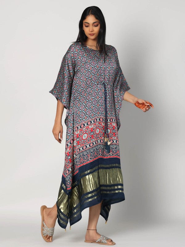 Navy Modal Silk Calf-Length Kaftan with All-Over Print & 3/4th Sleeves – Elegant Resort & Fusion Wear for Women