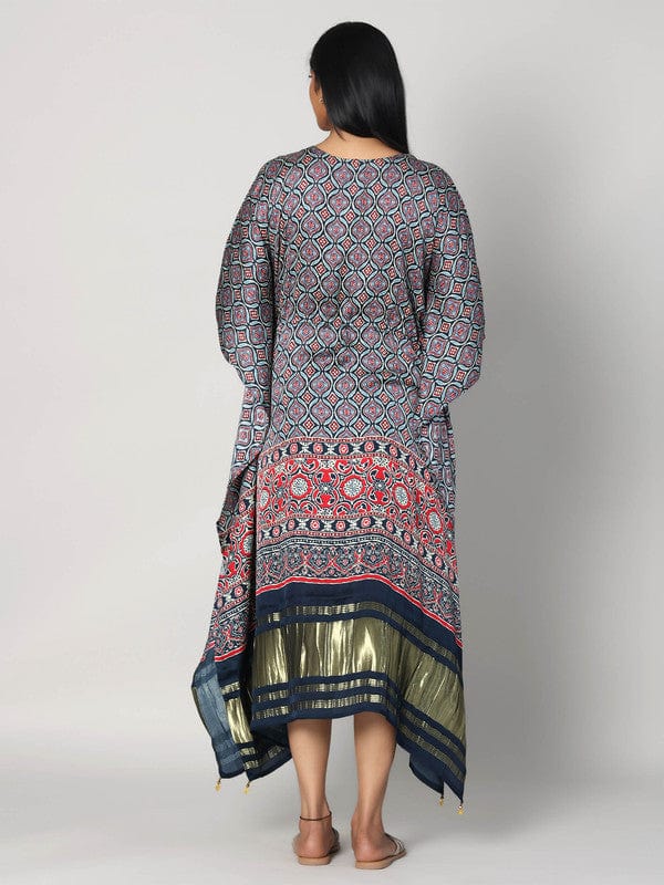 Navy Modal Silk Calf-Length Kaftan with All-Over Print & 3/4th Sleeves – Elegant Resort & Fusion Wear for Women