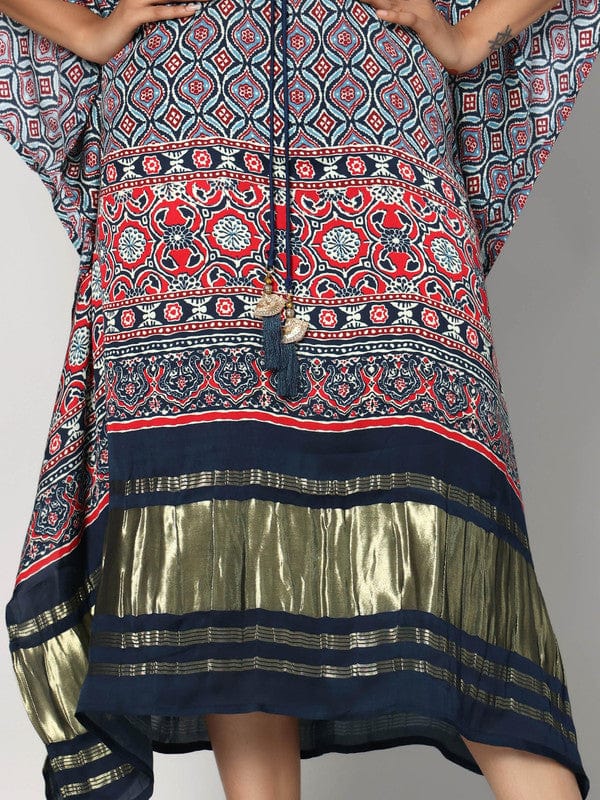 Navy Modal Silk Calf-Length Kaftan with All-Over Print & 3/4th Sleeves – Elegant Resort & Fusion Wear for Women