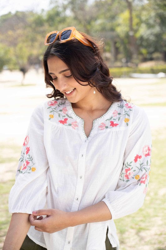 White Cotton Hip-Length Top with Floral Embroidery & 3/4th Sleeves – Regular-Fit Everyday Ethnic-Fusion Wear