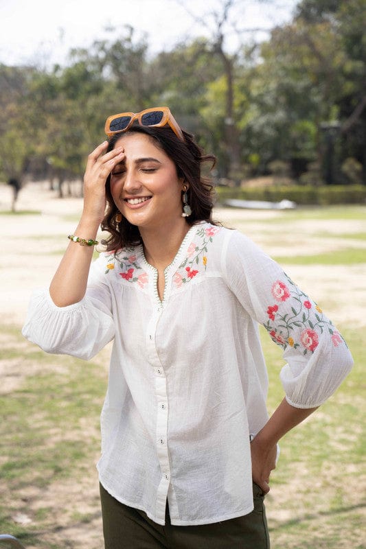 White Cotton Hip-Length Top with Floral Embroidery & 3/4th Sleeves – Regular-Fit Everyday Ethnic-Fusion Wear