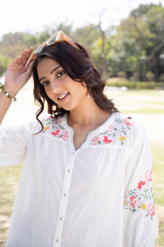 White Cotton Hip-Length Top with Floral Embroidery & 3/4th Sleeves – Regular-Fit Everyday Ethnic-Fusion Wear
