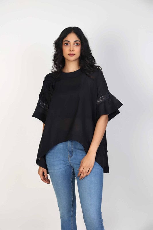 Black Cotton Voile Hip-Length Top with 3D Textured Fabric & Elbow Sleeves – Elegant Everyday Casual Wear for Women