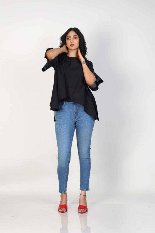 Black Cotton Voile Hip-Length Top with 3D Textured Fabric & Elbow Sleeves – Elegant Everyday Casual Wear for Women