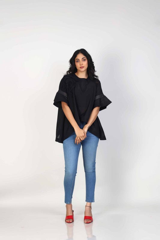 Black Cotton Voile Hip-Length Top with 3D Textured Fabric & Elbow Sleeves – Elegant Everyday Casual Wear for Women