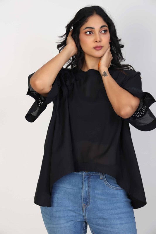 Black Cotton Voile Hip-Length Top with 3D Textured Fabric & Elbow Sleeves – Elegant Everyday Casual Wear for Women