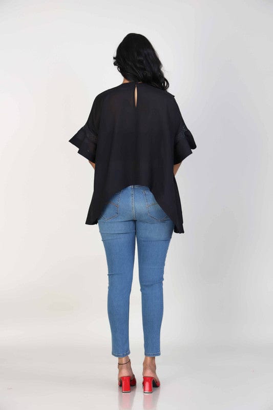 Black Cotton Voile Hip-Length Top with 3D Textured Fabric & Elbow Sleeves – Elegant Everyday Casual Wear for Women