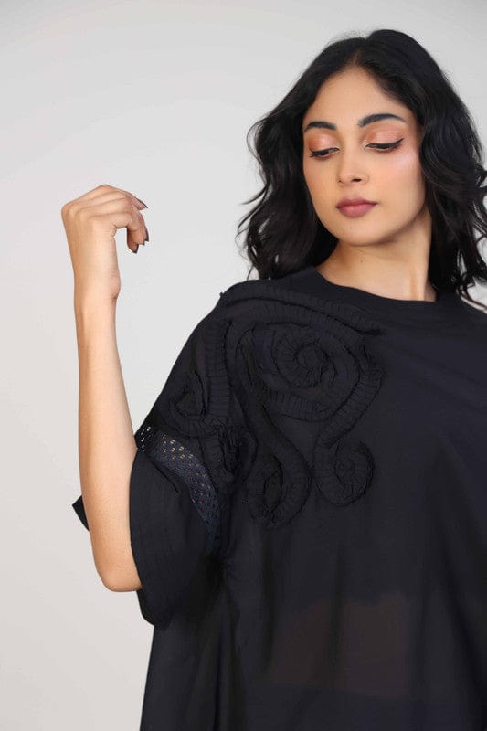 Black Cotton Voile Hip-Length Top with 3D Textured Fabric & Elbow Sleeves – Elegant Everyday Casual Wear for Women