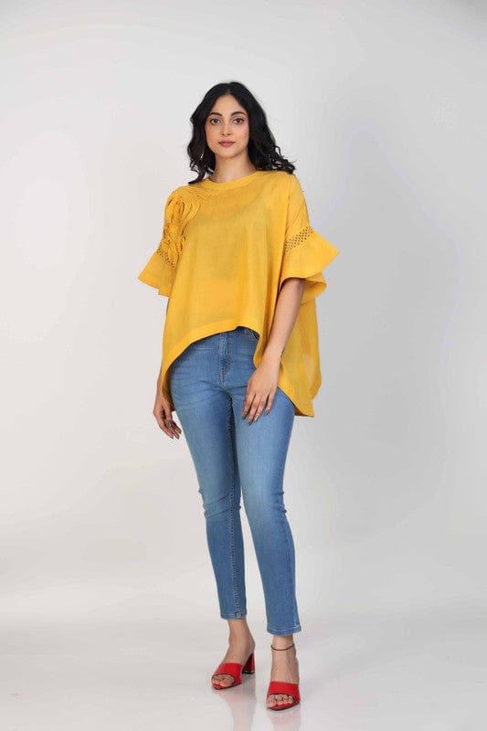 Yellow Cotton Voile Hip-Length Top with 3D Textured Fabric & Elbow Sleeves – Elegant Everyday Casual Wear