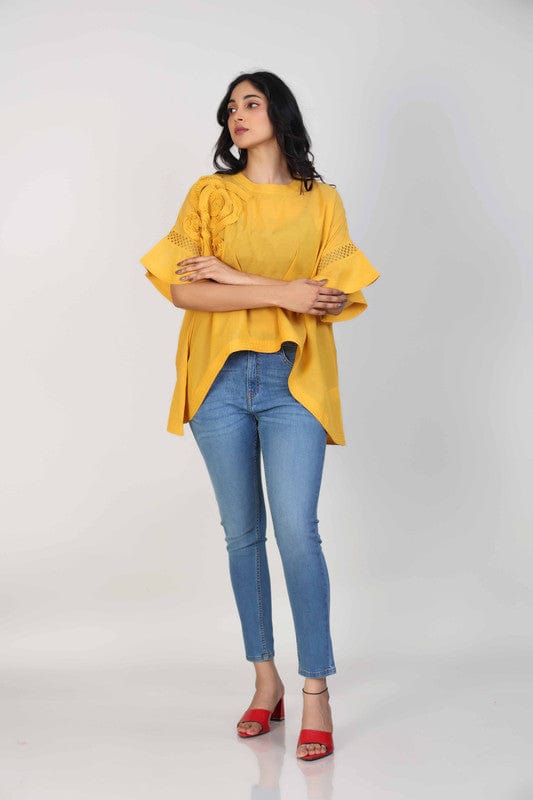 Yellow Cotton Voile Hip-Length Top with 3D Textured Fabric & Elbow Sleeves – Elegant Everyday Casual Wear