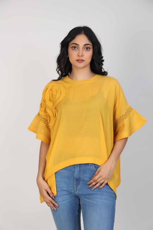 Yellow Cotton Voile Hip-Length Top with 3D Textured Fabric & Elbow Sleeves – Elegant Everyday Casual Wear