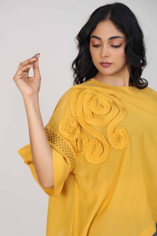 Yellow Cotton Voile Hip-Length Top with 3D Textured Fabric & Elbow Sleeves – Elegant Everyday Casual Wear