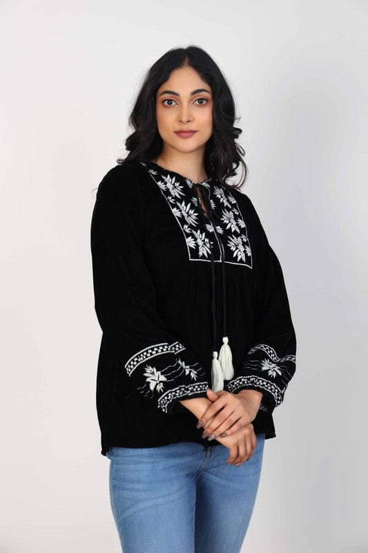 Black Velvet Hip-Length Top with Intricate Thread Work & Full Sleeves – Elegant Festive-Fusion Wear for Women