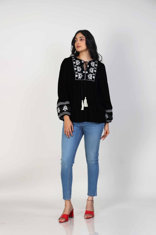 Black Velvet Hip-Length Top with Intricate Thread Work & Full Sleeves – Elegant Festive-Fusion Wear for Women