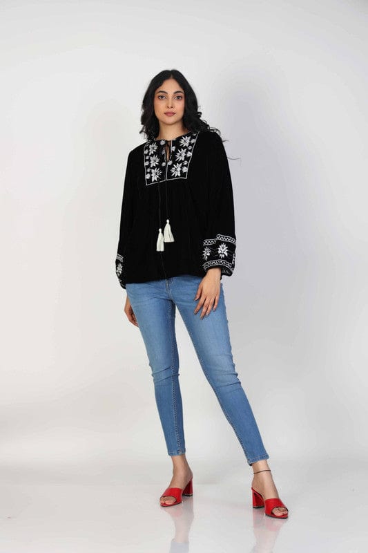 Black Velvet Hip-Length Top with Intricate Thread Work & Full Sleeves – Elegant Festive-Fusion Wear for Women