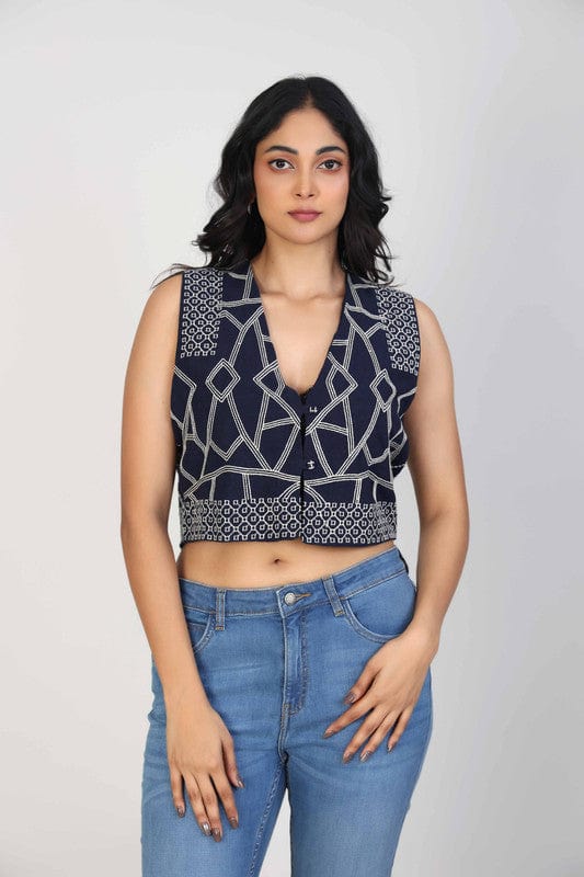 Navy Cotton Sleeveless Crop Top with Delicate Thread Work – Stylish Casual & Fusion Wear for Women