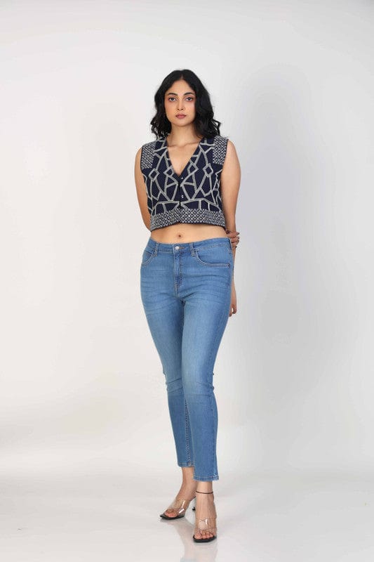 Navy Cotton Sleeveless Crop Top with Delicate Thread Work – Stylish Casual & Fusion Wear for Women