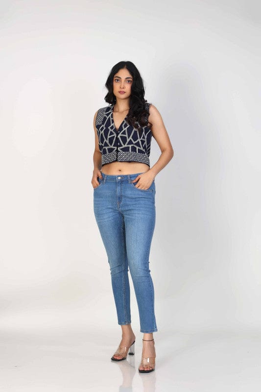Navy Cotton Sleeveless Crop Top with Delicate Thread Work – Stylish Casual & Fusion Wear for Women