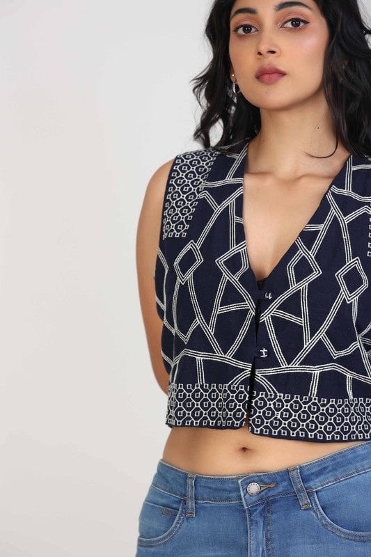 Navy Cotton Sleeveless Crop Top with Delicate Thread Work – Stylish Casual & Fusion Wear for Women