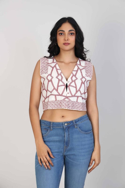 Off-White Cotton Sleeveless Crop Top with Intricate Thread Work – Elegant Everyday Fusion Wear for Women