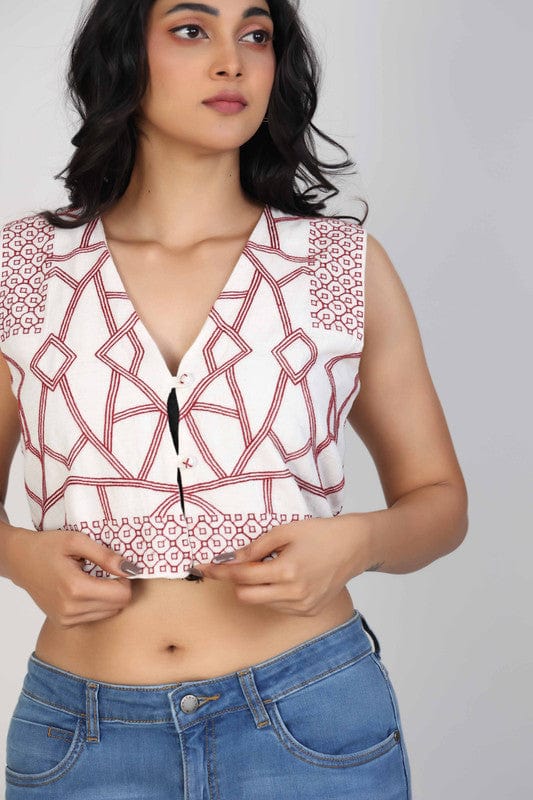 Off-White Cotton Sleeveless Crop Top with Intricate Thread Work – Elegant Everyday Fusion Wear for Women