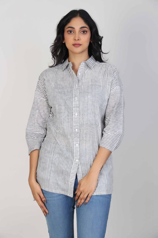 White & Grey Cotton Striped Hip-Length Tunic with 3/4th Sleeves – Elegant Everyday Casual Wear for Women