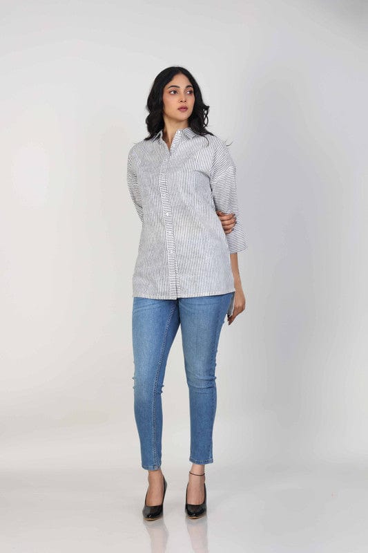 White & Grey Cotton Striped Hip-Length Tunic with 3/4th Sleeves – Elegant Everyday Casual Wear for Women