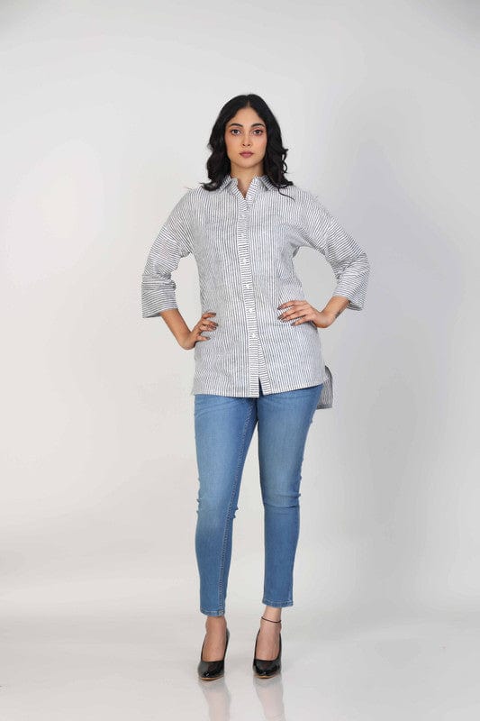 White & Grey Cotton Striped Hip-Length Tunic with 3/4th Sleeves – Elegant Everyday Casual Wear for Women