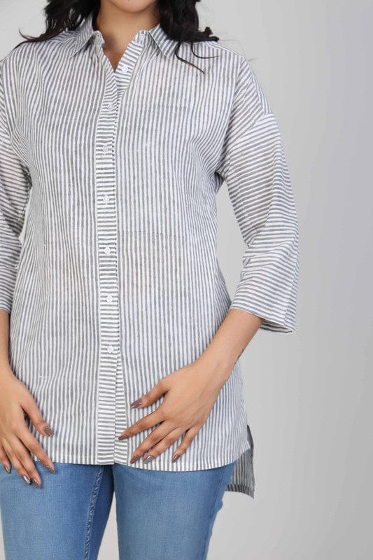 White & Grey Cotton Striped Hip-Length Tunic with 3/4th Sleeves – Elegant Everyday Casual Wear for Women